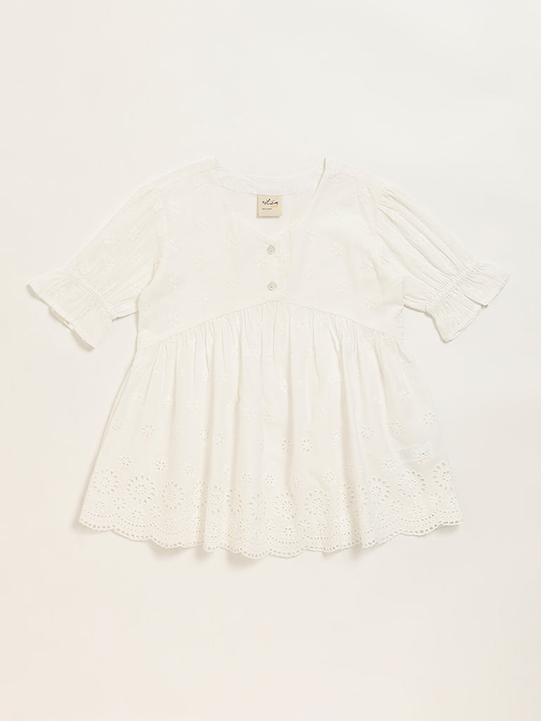 Westside Utsa Kids White Schiffli Flared Cotton Top - (8 -14yrs) for Ethnic Wear Front View