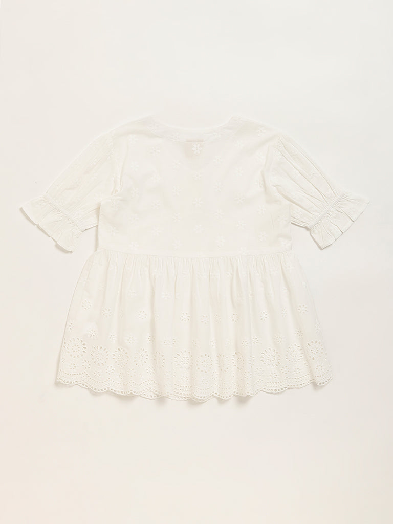 Westside Utsa Kids White Schiffli Flared Cotton Top - (8 -14yrs) for Ethnic Wear Back View