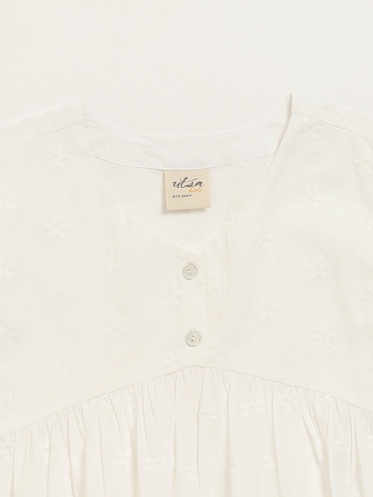 Westside Utsa Kids White Schiffli Flared Cotton Top - (8 -14yrs) for Ethnic Wear Zoomed View