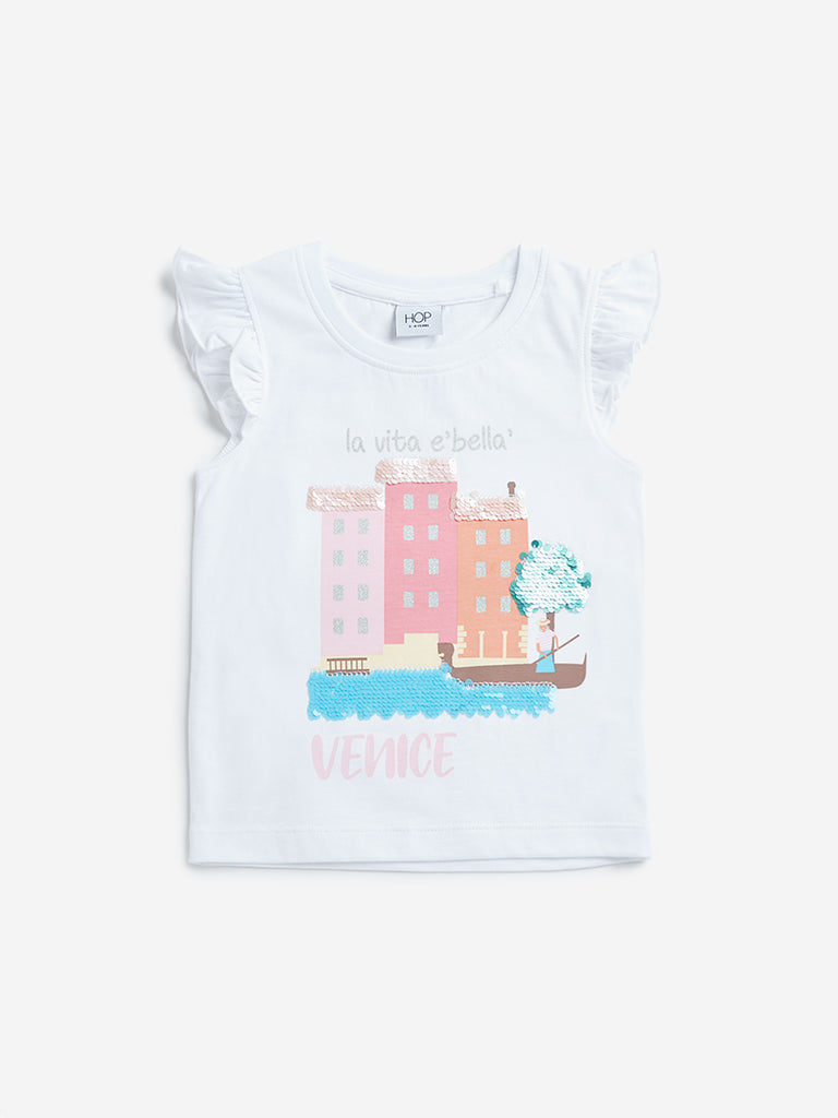 Westside HOP Kids White Text Pattern Ruffle Sleeve Cotton Top for Casual Wear Front View