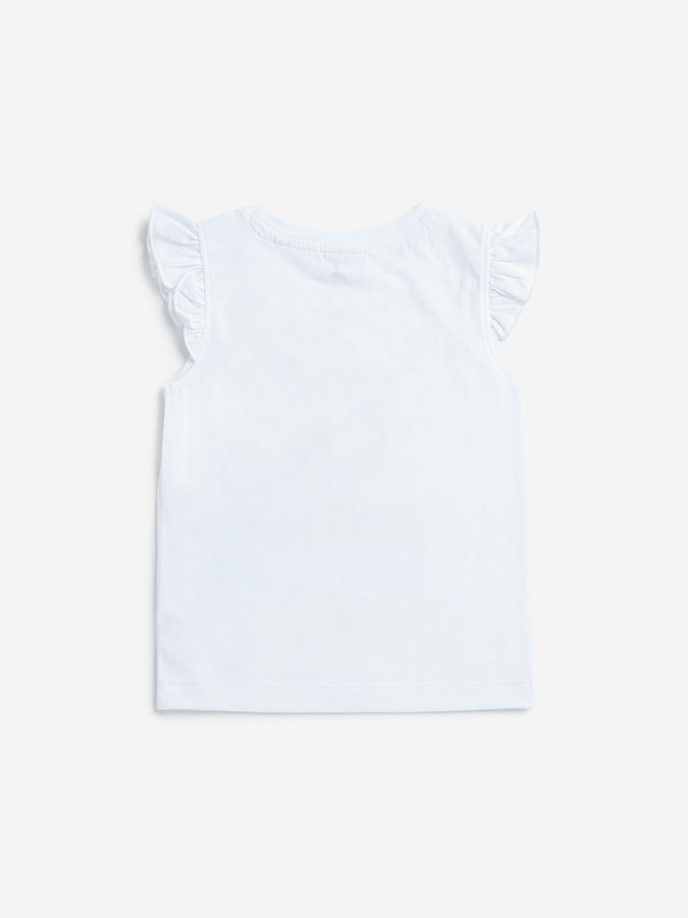 Westside HOP Kids White Text Pattern Ruffle Sleeve Cotton Top for Casual Wear Back View