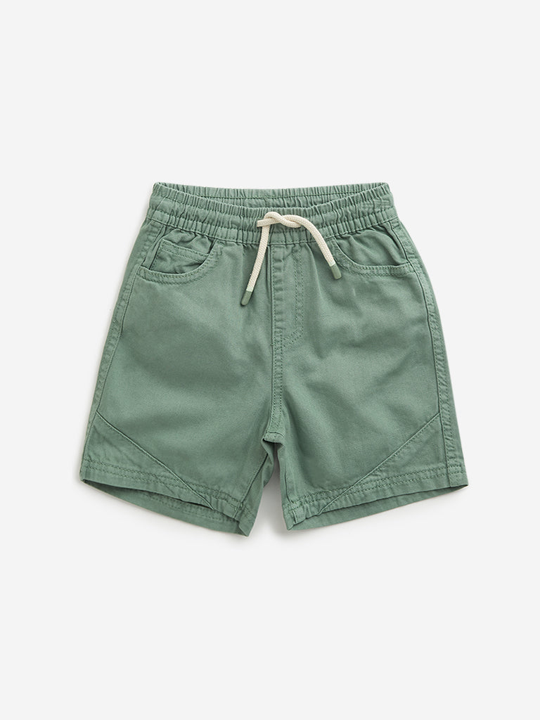 Westside HOP Kids Sage Relaxed Fit Mid Rise Cotton Shorts for Casual Wear Front View