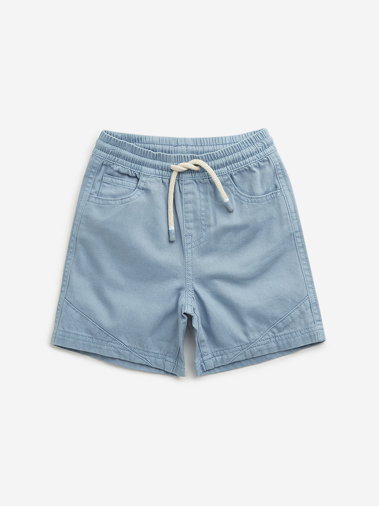 Westside HOP Kids Light Blue Relaxed Fit Mid Rise Cotton Shorts for Casual Wear Front View