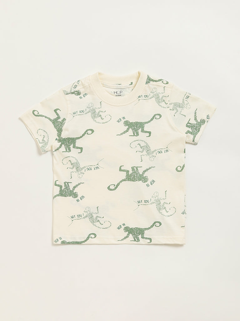 Westside HOP Kids Off-White Monkey Print Cotton T-Shirt for Casual Wear Front View