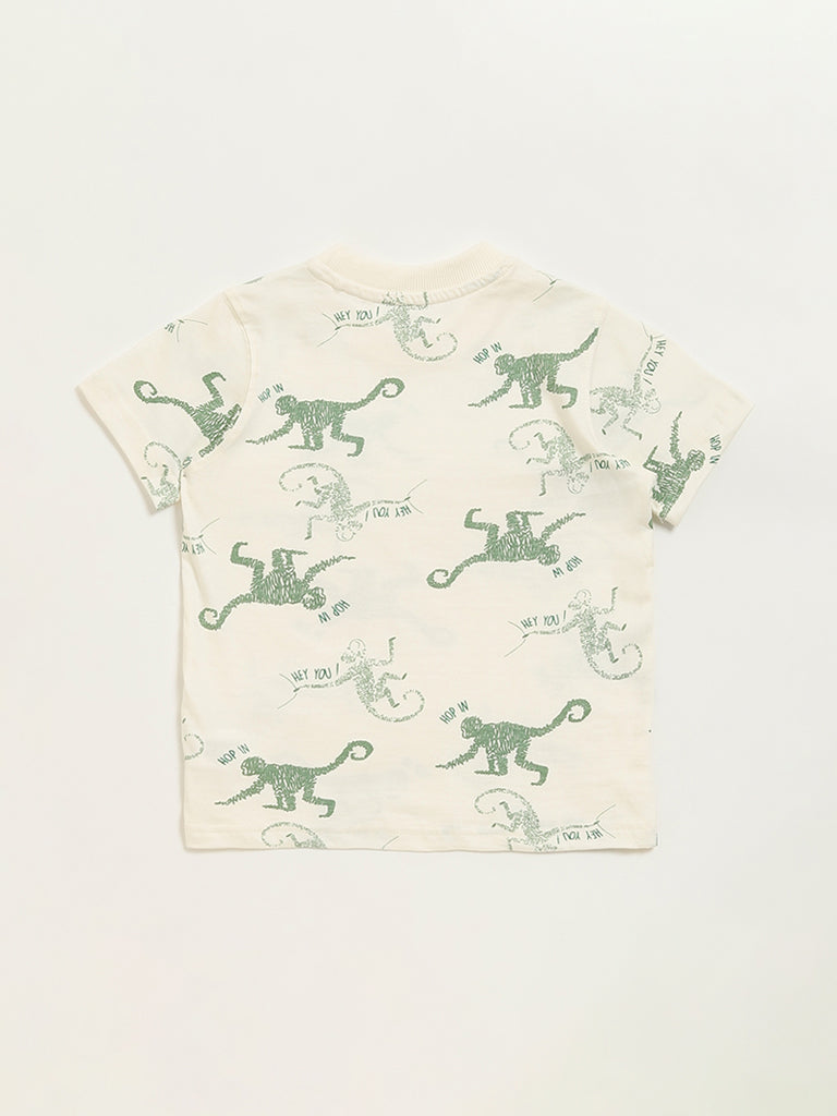 Westside HOP Kids Off-White Monkey Print Cotton T-Shirt for Casual Wear Back View