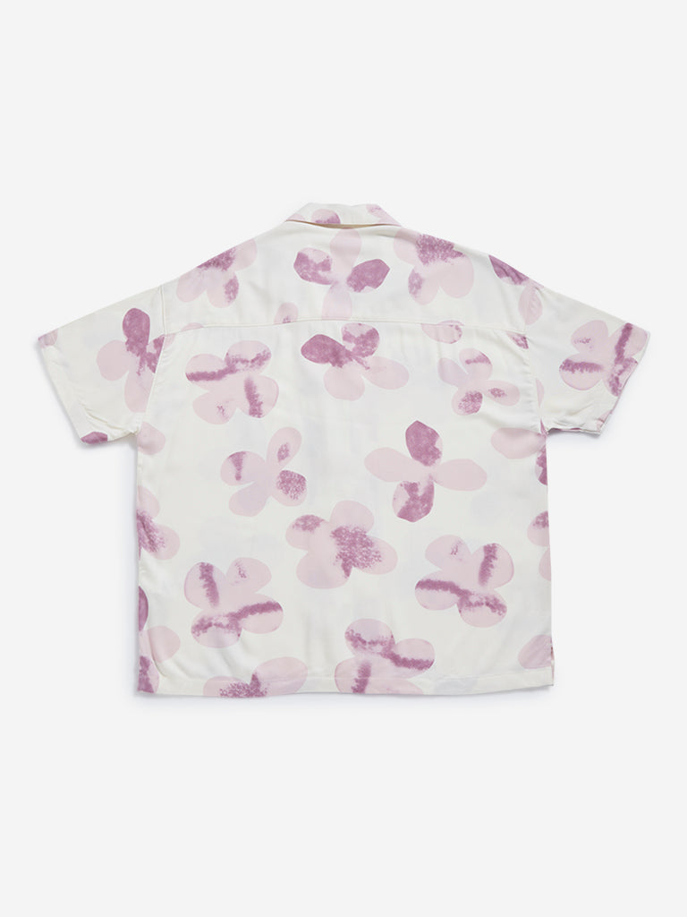 Westside Y&F Girl's Pink Printed Design Cotton Shirt for Casual Wear Back View