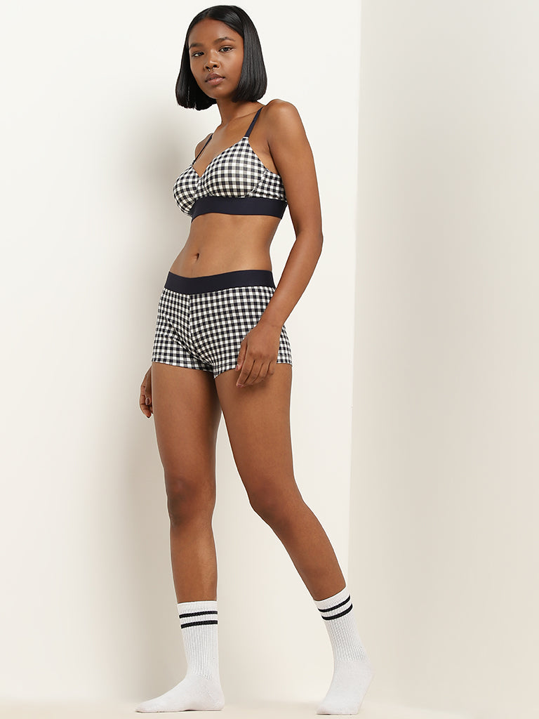 Superstar Navy Checkered Boy Shorts Cotton-Blend Briefs