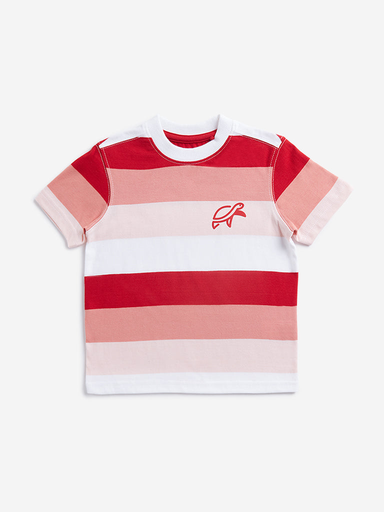 Westside HOP Kids Red Colour block Cotton T-Shirt for Casual Wear Front View