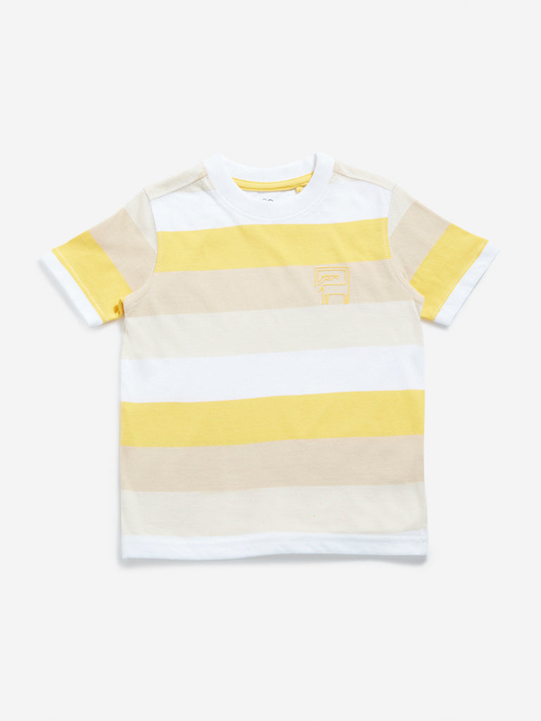 Westside HOP Kids Yellow Colour blocked Cotton T-Shirt for Casual Wear Front View