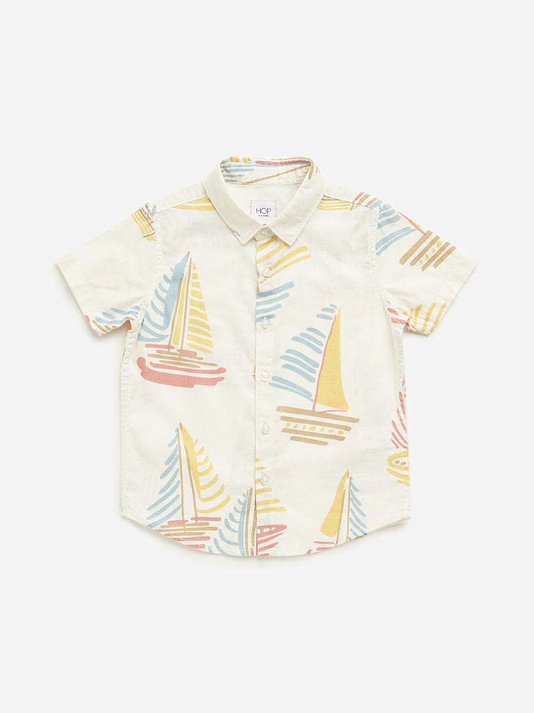 Westside HOP Kids Off-White Boat Printed Cotton Shirt for Casual Wear Front View