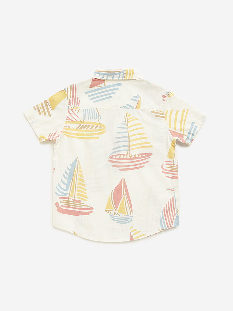 Westside HOP Kids Off-White Boat Printed Cotton Shirt for Casual Wear Back View
