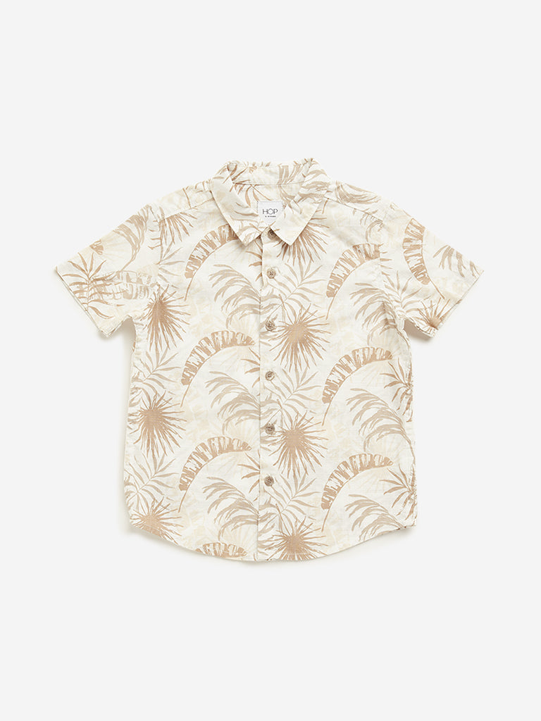 Westside HOP Kids Beige Foliage Printed Cotton Shirt for Casual Wear Front View