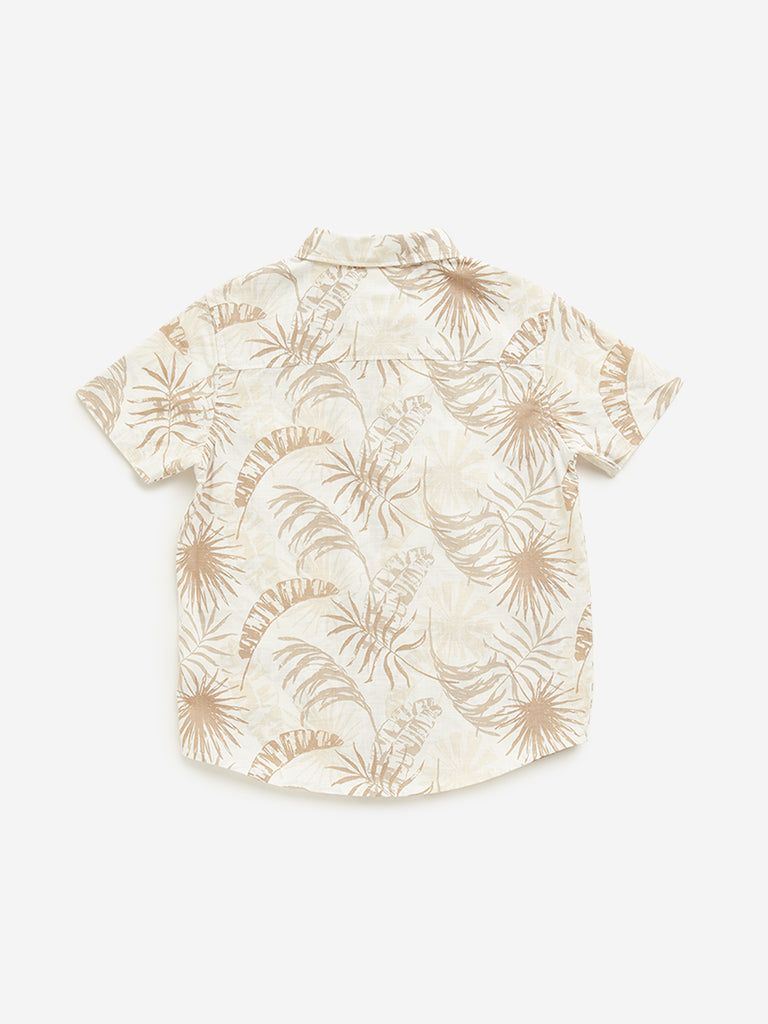 Westside HOP Kids Beige Foliage Printed Cotton Shirt for Casual Wear Back View