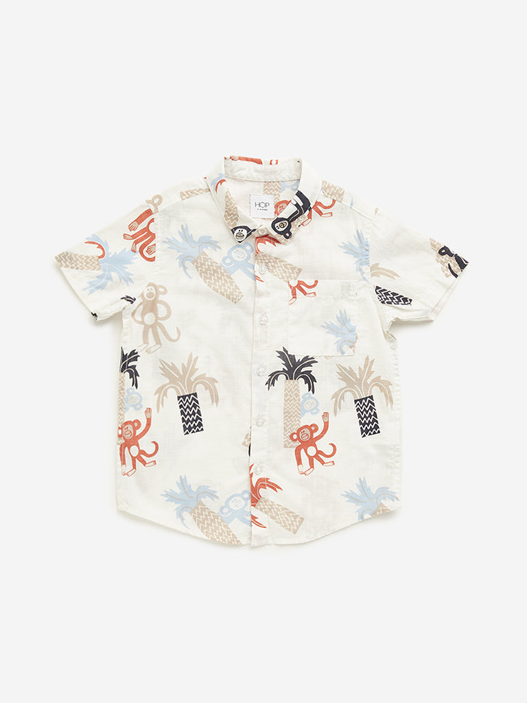 Westside HOP Kids Beige Monkey Printed Cotton Shirt for Casual Wear Front View
