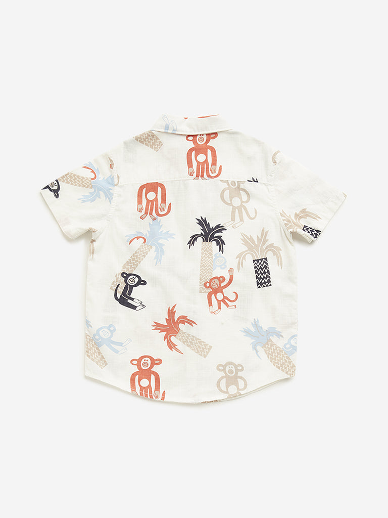 Westside HOP Kids Beige Monkey Printed Cotton Shirt for Casual Wear Back View