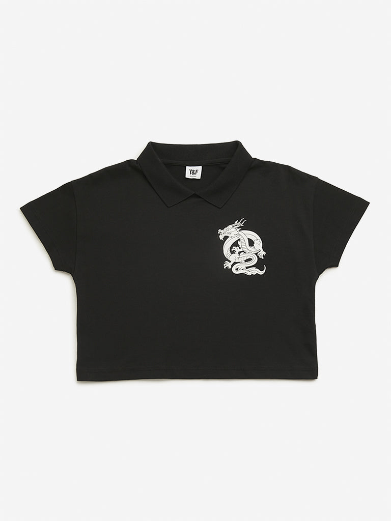 Westside Y&F Girl's Black Dragon Design Polo Crop Cotton T-Shirt for Casual Wear Front View