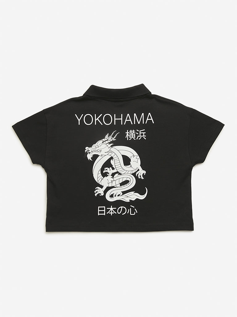 Westside Y&F Girl's Black Dragon Design Polo Crop Cotton T-Shirt for Casual Wear Back View