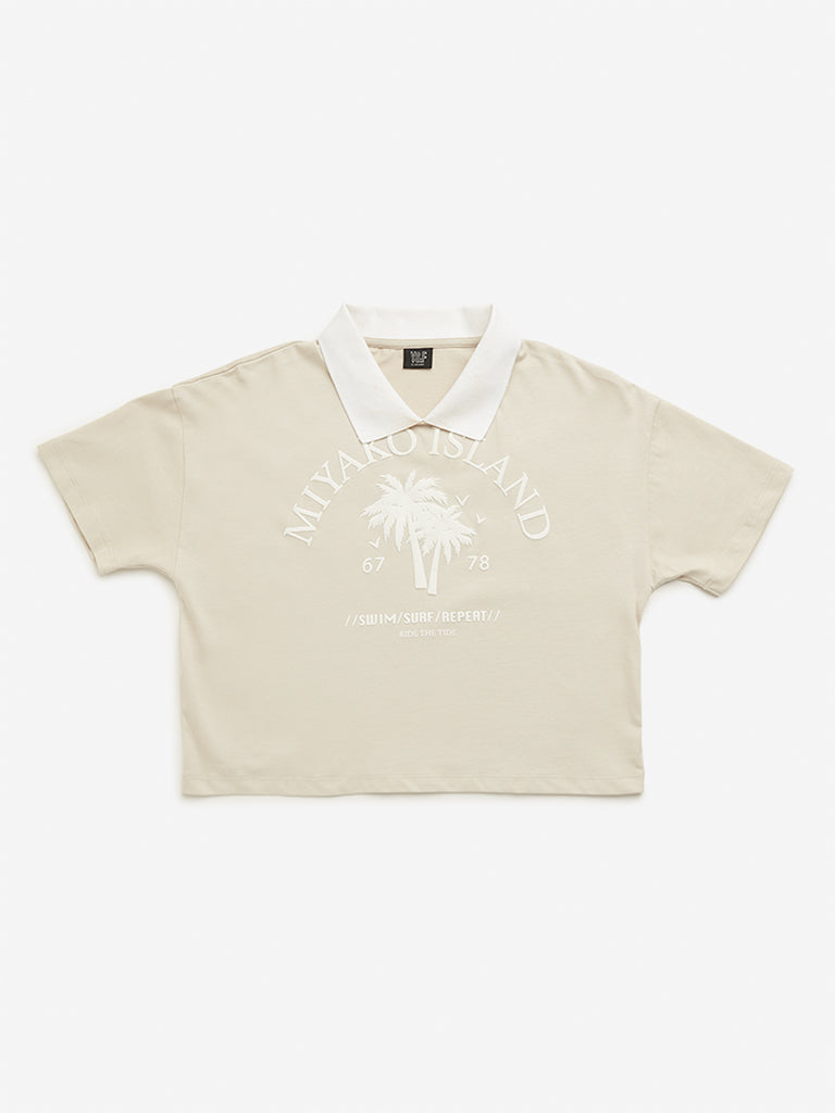 Westside Y&F Girl's Beige Text Design Polo Crop Cotton T-Shirt for Casual Wear Front View