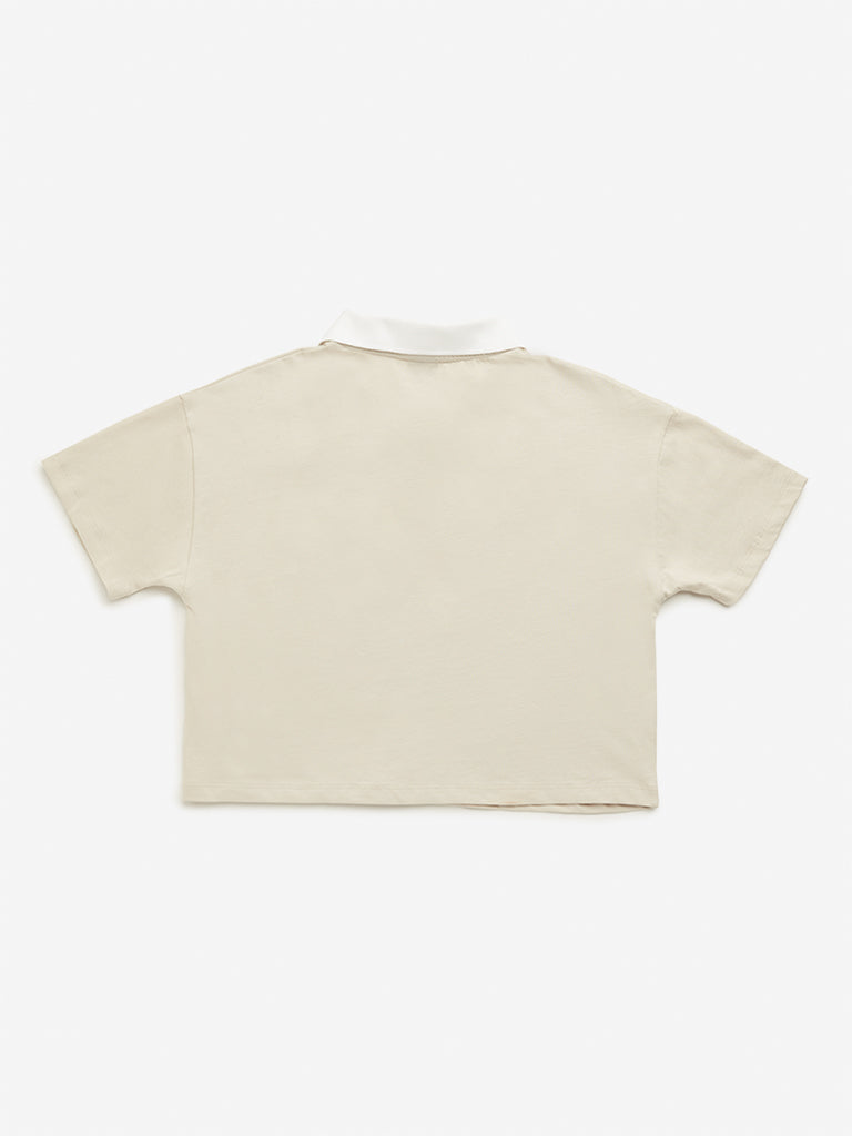 Westside Y&F Girl's Beige Text Design Polo Crop Cotton T-Shirt for Casual Wear Back View
