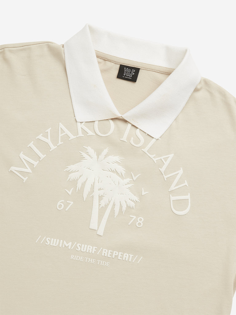 Westside Y&F Girl's Beige Text Design Polo Crop Cotton T-Shirt for Casual Wear Zoomed View
