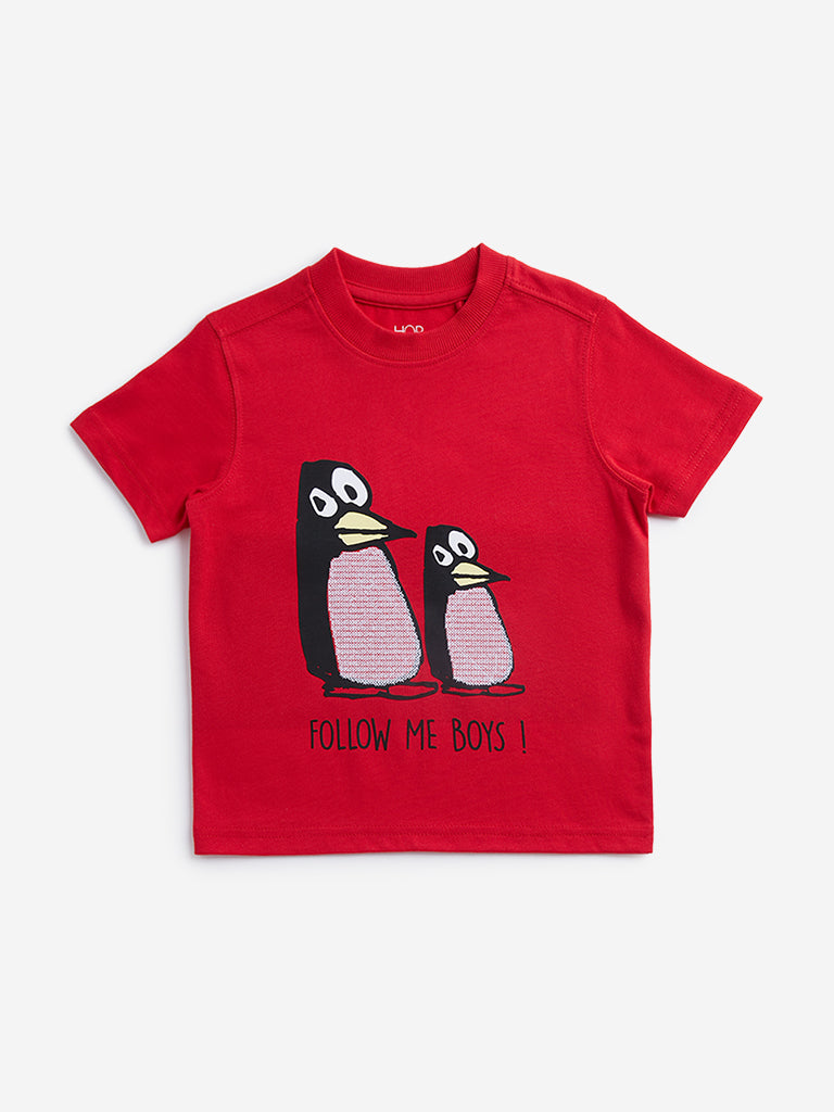 Westside HOP Kids Red Printed Embroidered Cotton T-Shirt for Casual Wear Front View