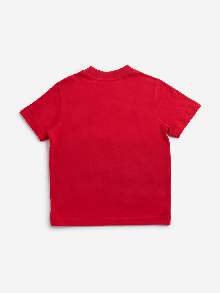 Westside HOP Kids Red Printed Embroidered Cotton T-Shirt for Casual Wear Back View