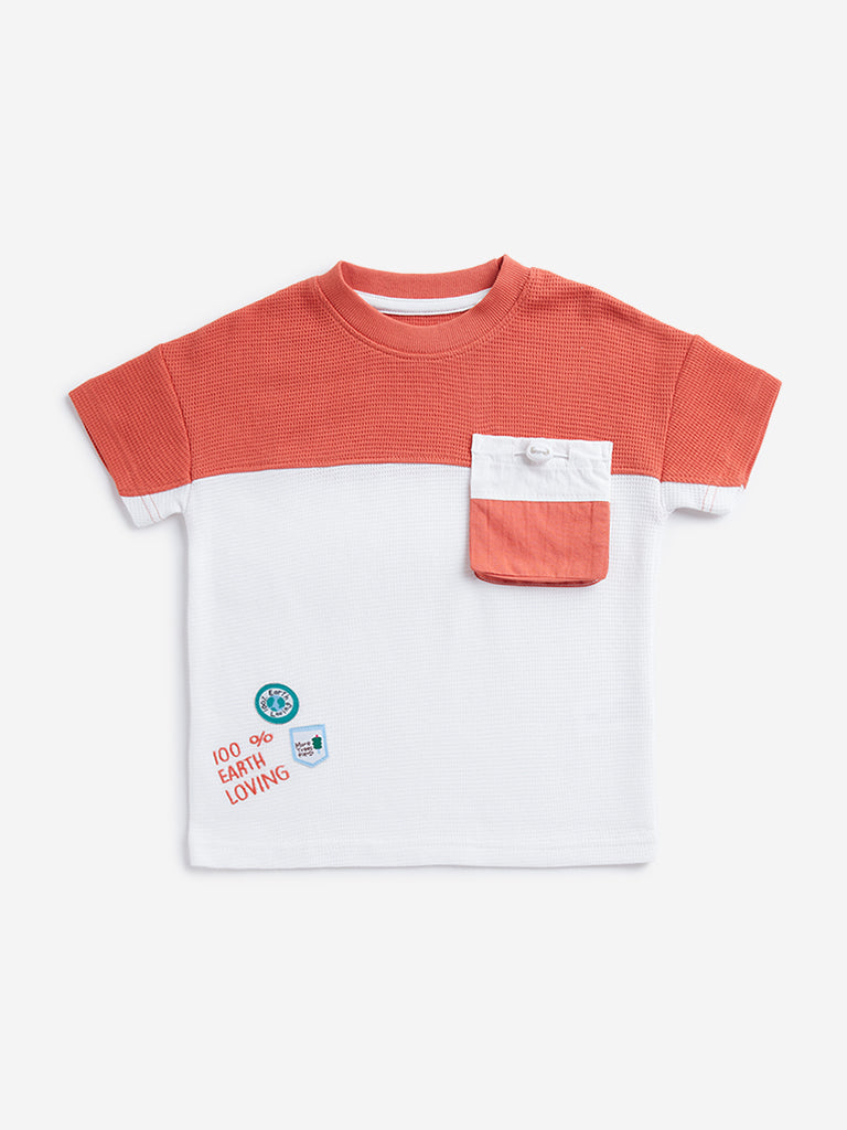 Westside HOP Kids Dusty Orange Colour blocked Cotton T-Shirt for Casual Wear Front View