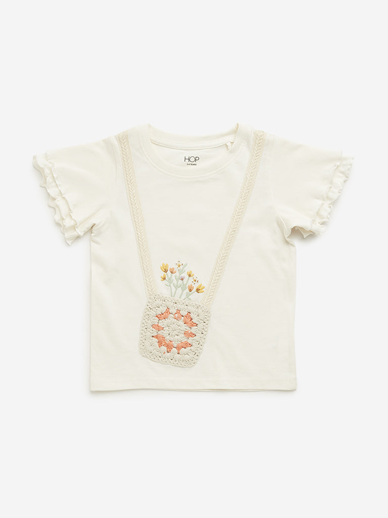 Westside HOP Kids Off-White Crochet Detailed Cotton Top for Casual Wear Front View