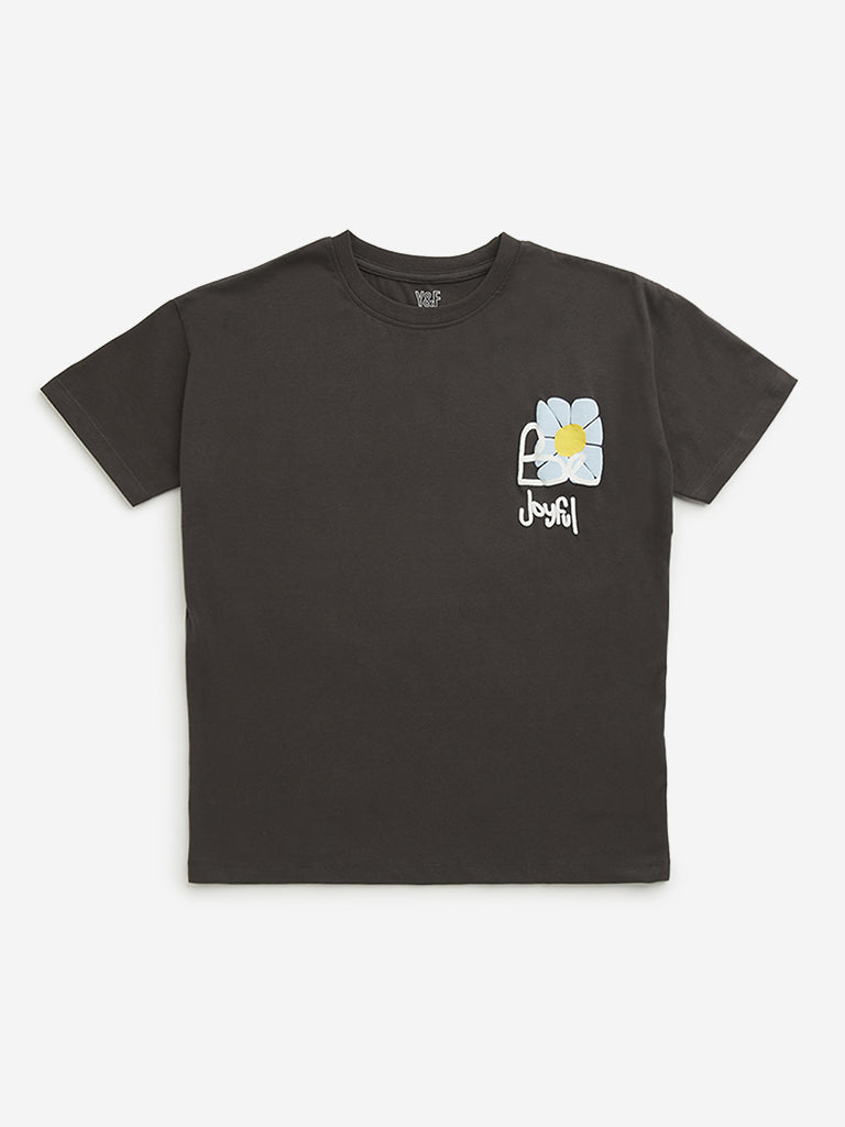 Westside Y&F Girl's Charcoal Graphic Design Cotton T-Shirt for Casual Wear Front View