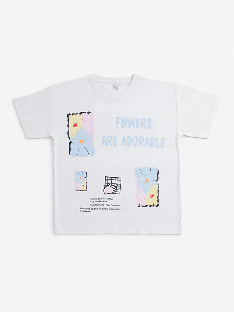 Westside Y&F Girl's Off White Embossed Slogan Print Cotton T-Shirt for Casual Wear Front View