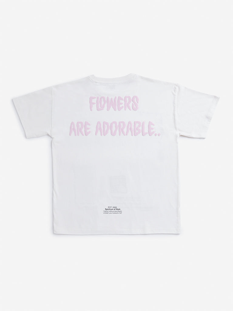 Westside Y&F Girl's Off White Embossed Slogan Print Cotton T-Shirt for Casual Wear Back View