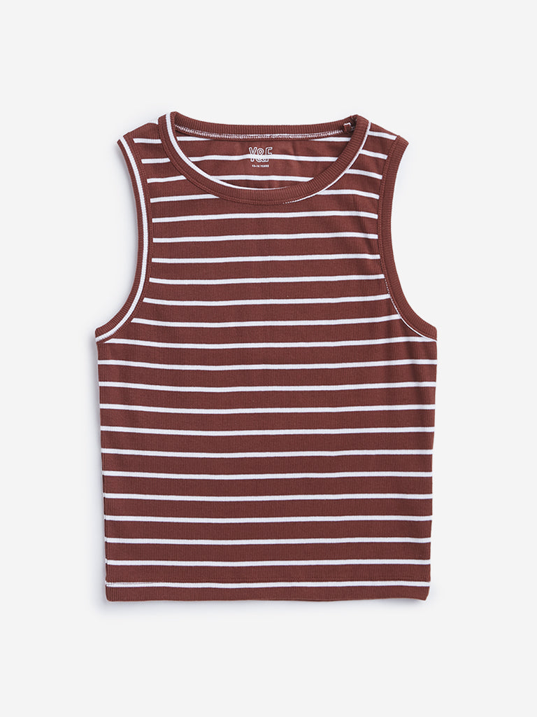 Westside Y&F Girl's Brown Ribbed Design Cotton Tank Top for Casual Wear Front View