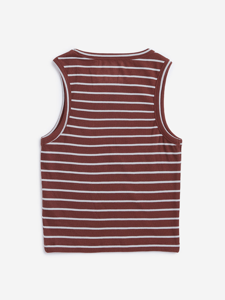 Westside Y&F Girl's Brown Ribbed Design Cotton Tank Top for Casual Wear Back View