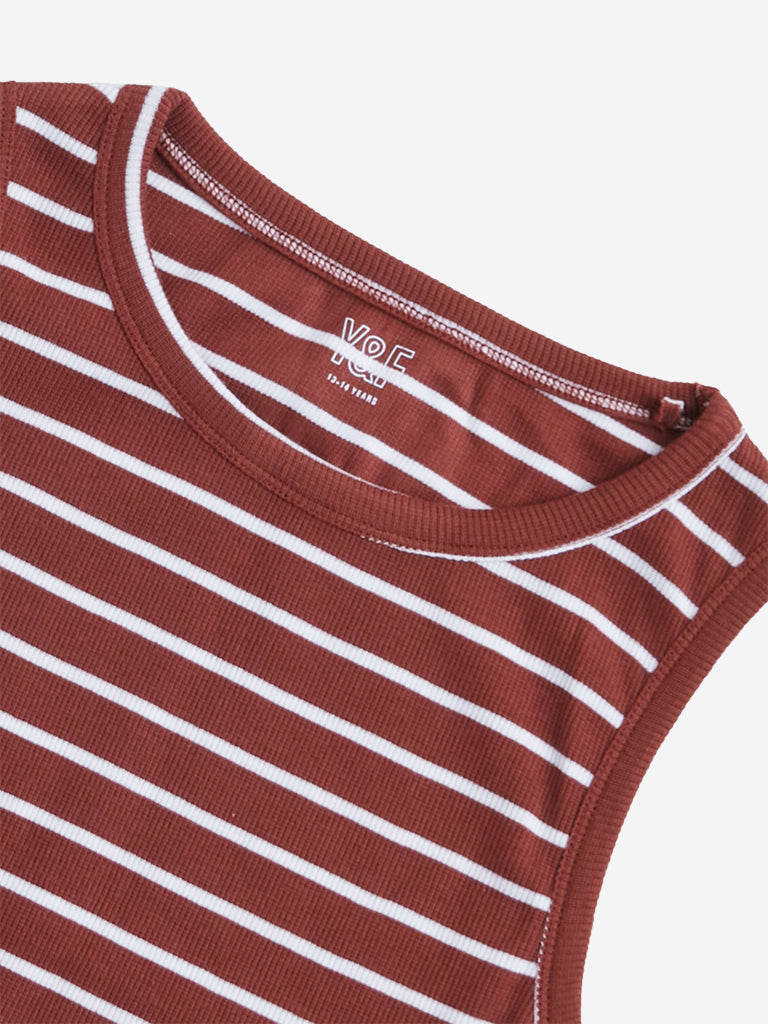 Westside Y&F Girl's Brown Ribbed Design Cotton Tank Top for Casual Wear Zoomed View