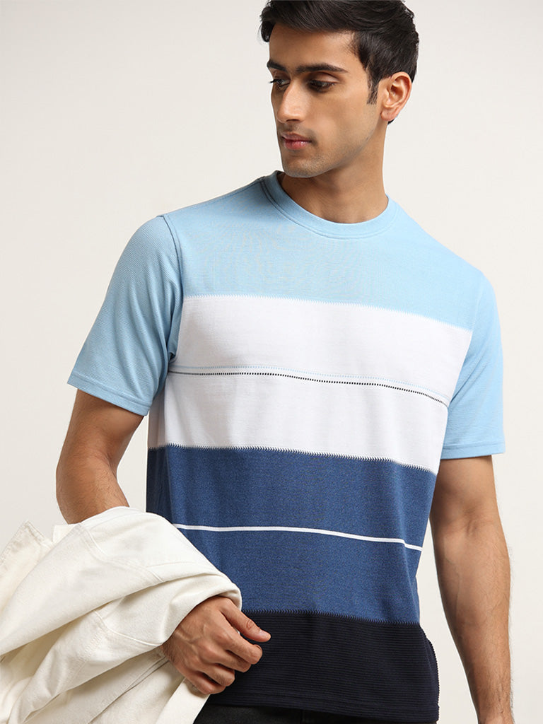 Westside WES Lounge Men's Blue Striped Cotton-Blend Relaxed Fit T-Shirt for Casual Wear Front View