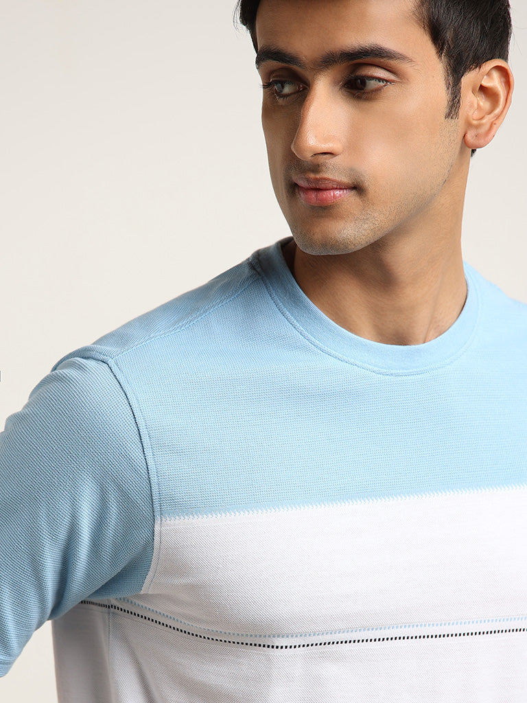 Westside WES Lounge Men's Blue Striped Cotton-Blend Relaxed Fit T-Shirt for Casual Wear Zoomed View