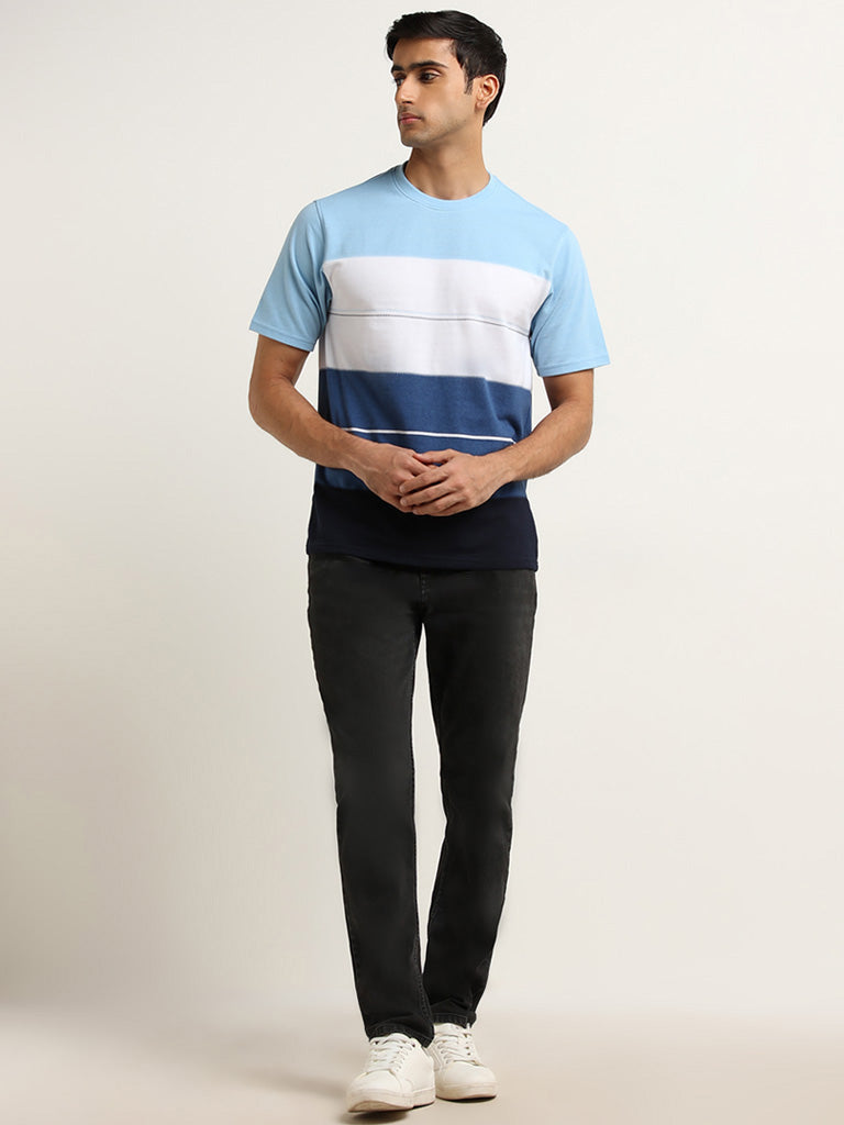 Westside WES Lounge Men's Blue Striped Cotton-Blend Relaxed Fit T-Shirt for Casual Wear Full View