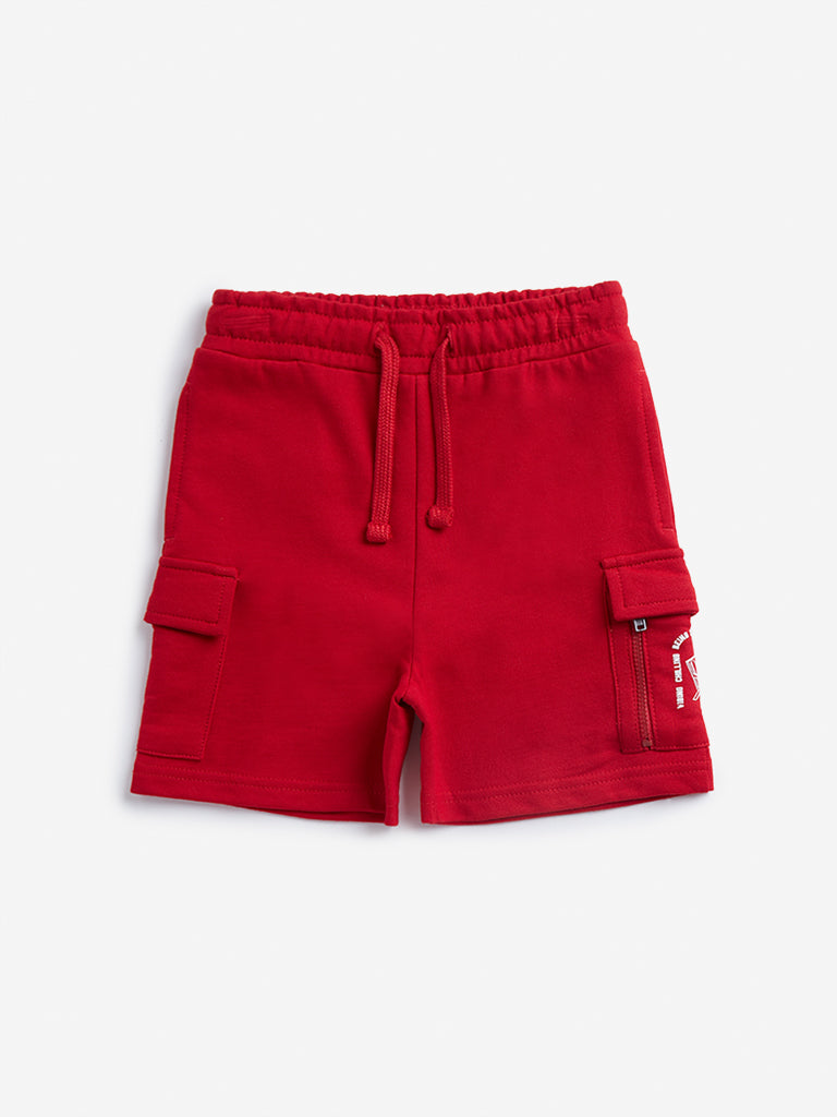 Westside HOP Kids Red Cargo-Style Mid Rise Cotton Shorts for Casual Wear Front View