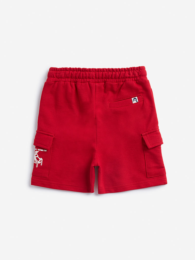 Westside HOP Kids Red Cargo-Style Mid Rise Cotton Shorts for Casual Wear Back View