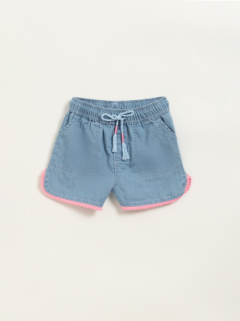 Westside HOP Kids Light Blue Chambray Mid Rise Cotton Shorts for Casual Wear Front View
