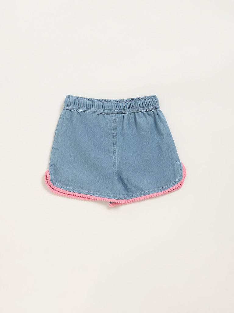 Westside HOP Kids Light Blue Chambray Mid Rise Cotton Shorts for Casual Wear Back View