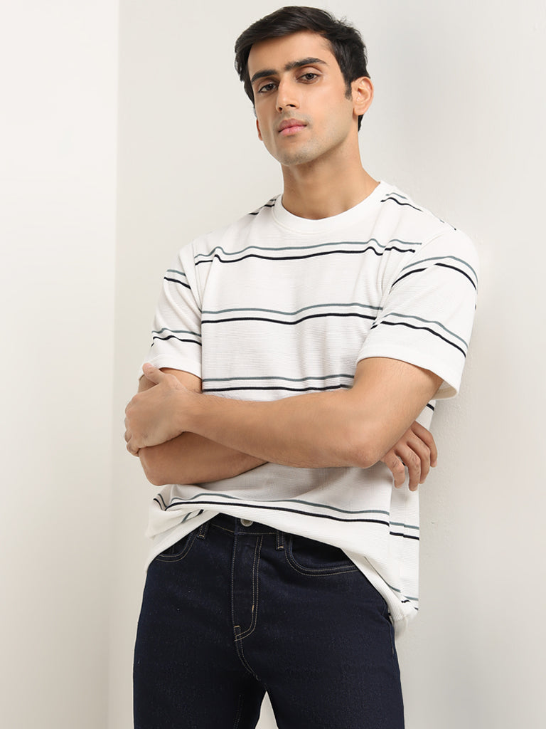 Westside WES Lounge Men's White Stripe Printed Cotton T-Shirt for Casual Wear Front View
