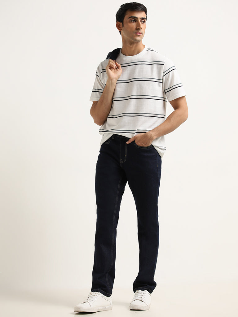 Westside WES Lounge Men's White Stripe Printed Cotton T-Shirt for Casual Wear Full View