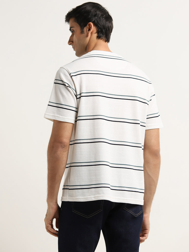 Westside WES Lounge Men's White Stripe Printed Cotton T-Shirt for Casual Wear Back View