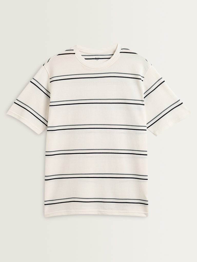Westside WES Lounge Men's White Stripe Printed Cotton T-Shirt for Casual Wear Flatly Front view