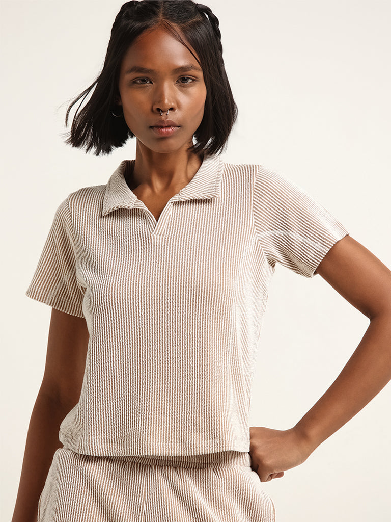 Westside Studiofit Women's Brown Ribbed Top for Sports Wear Front View