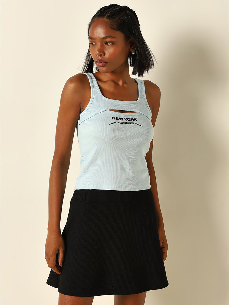 Westside Studiofit Women's Blue Embroidered Cotton-Blend Tank Top for Sports Wear Front View