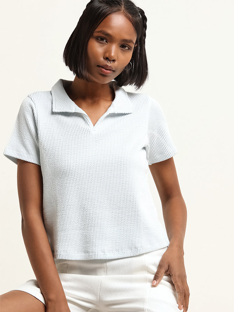 Westside Studiofit Women's Blue Textured T-Shirt for Sports Wear Front View
