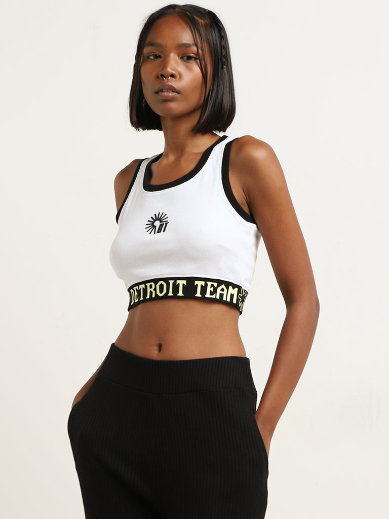 Westside Studiofit Women's White and Black Text Printed Cotton-Blend Crop Top for Sports Wear Front View