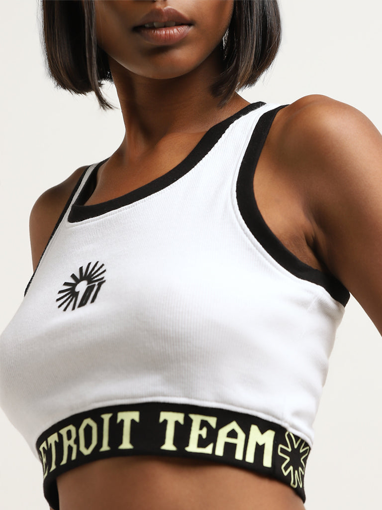 Westside Studiofit Women's White and Black Text Printed Cotton-Blend Crop Top for Sports Wear Zoomed View